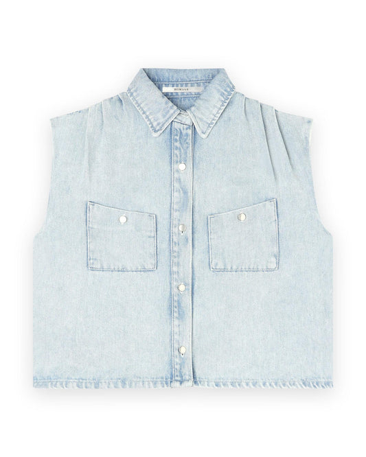 Sleeveless Denim Blouse With Pleats
