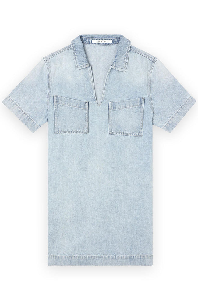 Denim Shirt Dress With V Neck